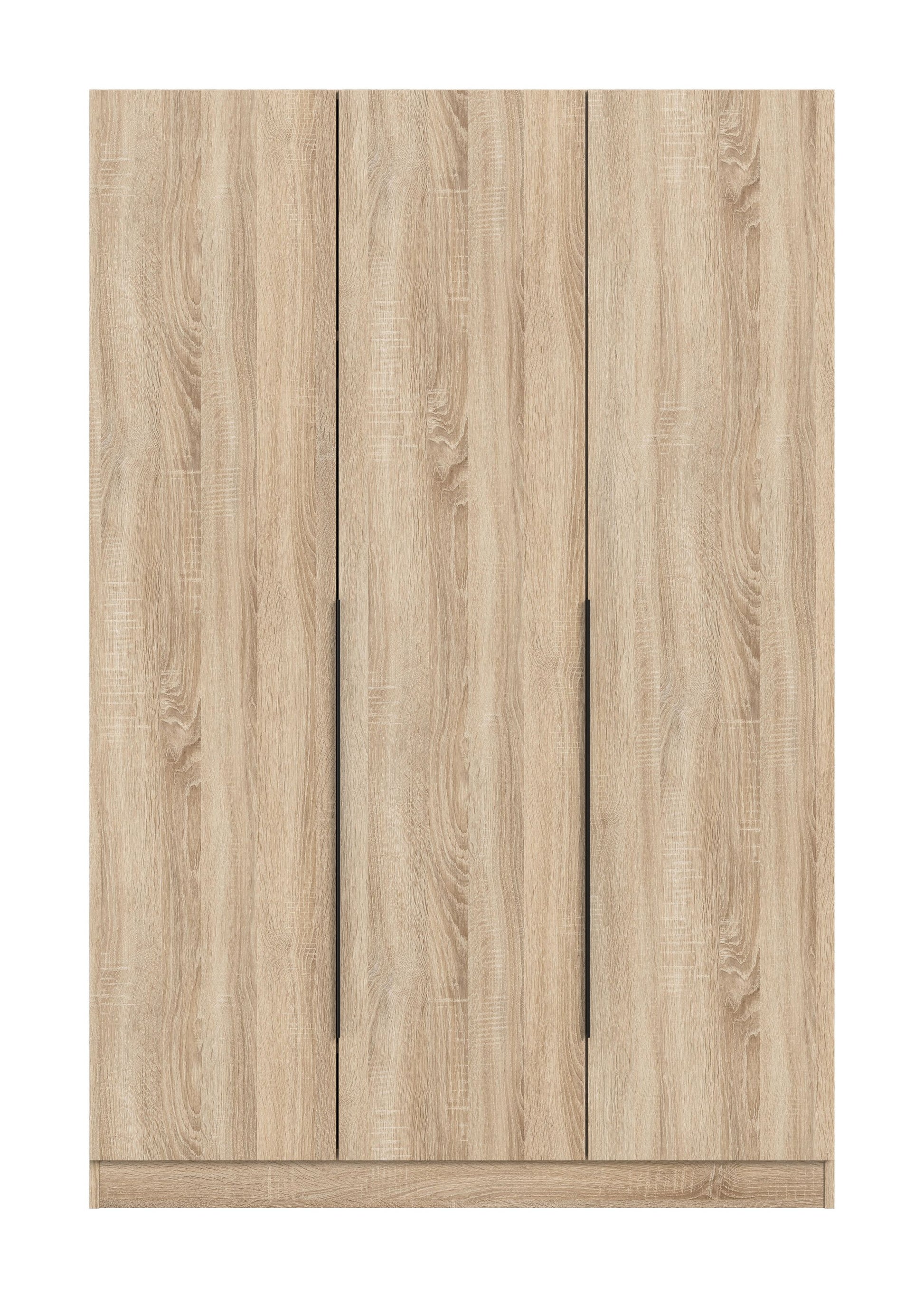 3-türiger Schrank mit Holzoptik, hellbraune Frontplatten und drei senkrechte Griffmulden