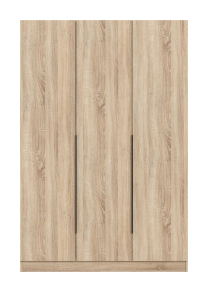 3-türiger Schrank mit Holzoptik, hellbraune Frontplatten und drei senkrechte Griffmulden
