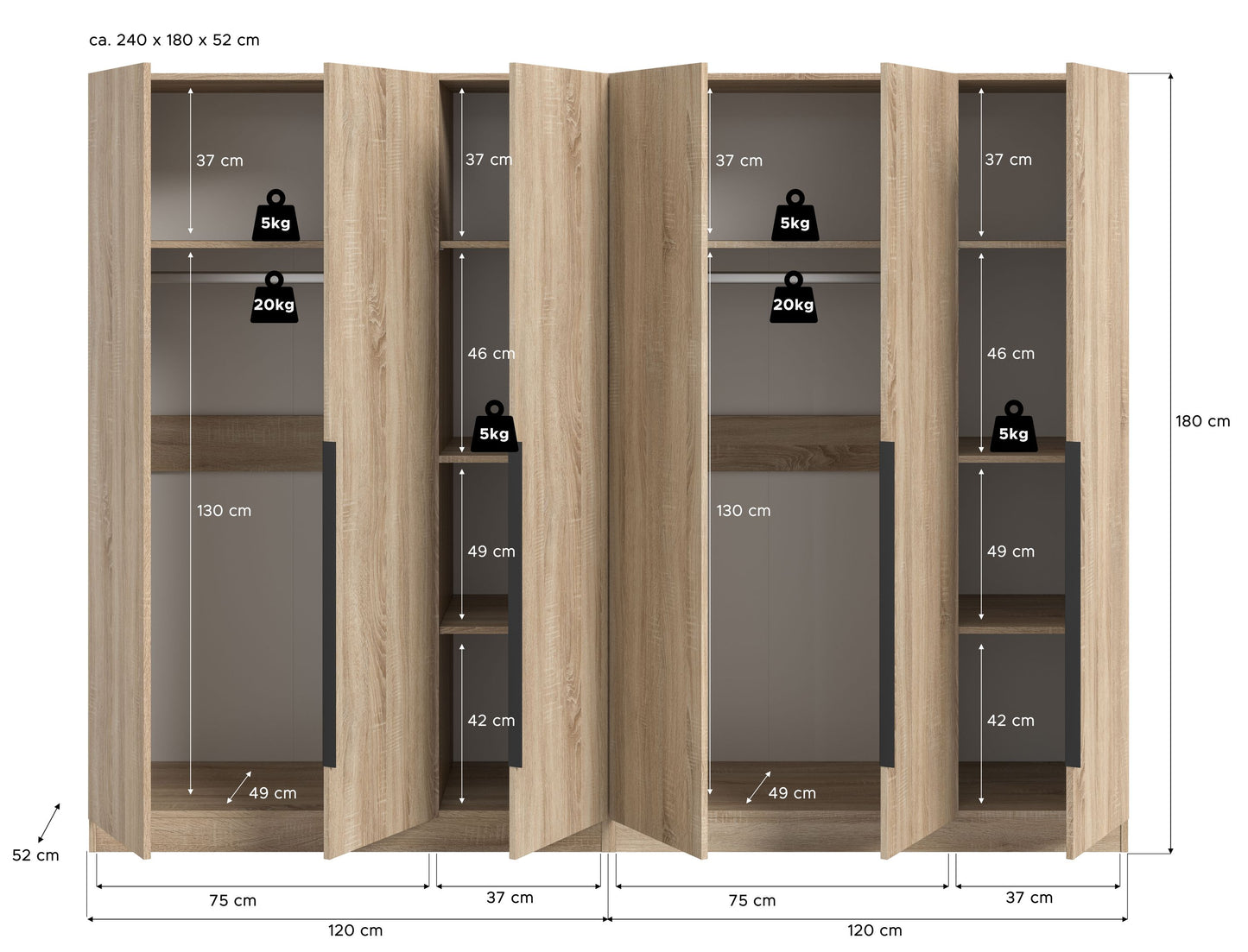 Homes & Jones Universalschrank 2-tlg., Maßzeichnung in Holzoptik mit Innenfächern