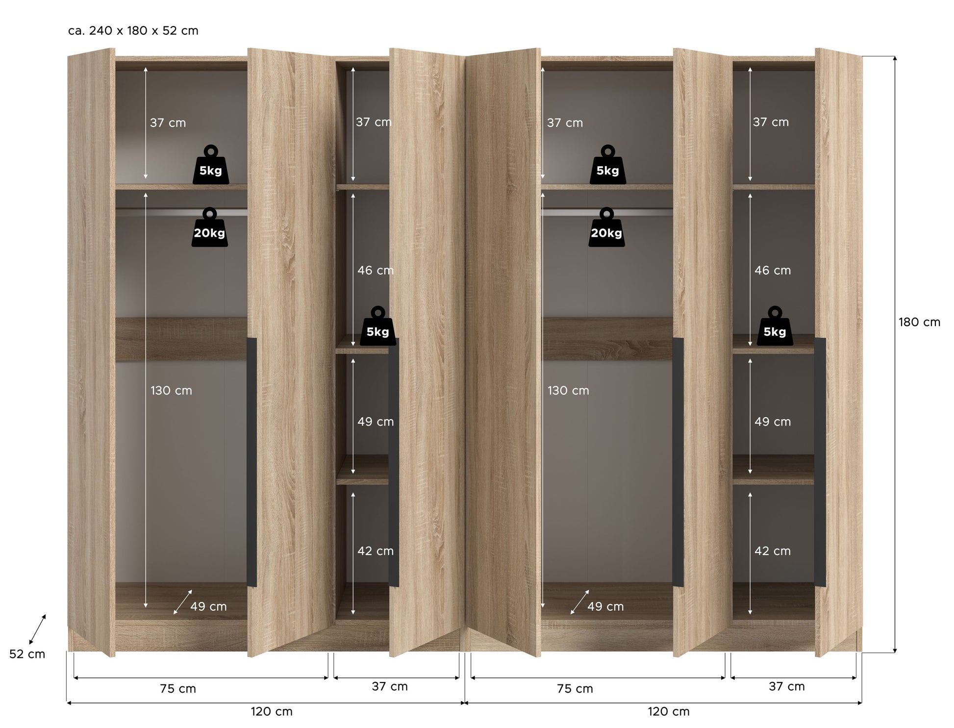 Homes & Jones Universalschrank 2-tlg., Maßzeichnung in Holzoptik mit Innenfächern