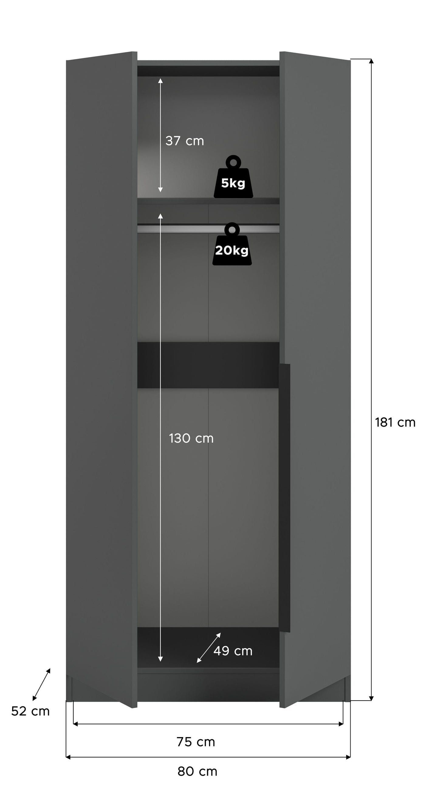 Zweitätüriger Kleiderschrank, offene Innenansicht mit Maßen
