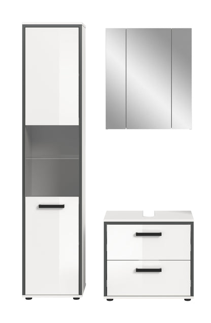 Schmales Badmöbelset: Hochschrank mit Tür, Spiegelschrank, Unterschrank mit 2 Schubladen