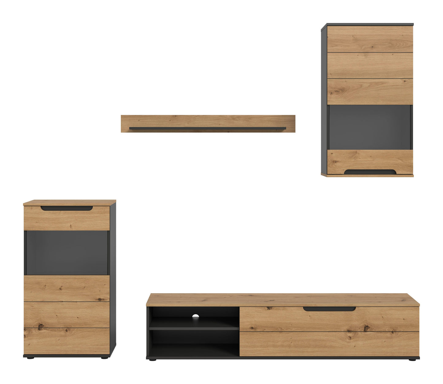 Wohnwand-Set: TV-Lowboard mit Schublade und offenem Fach sowie Hochschrank, Eiche/Graphit
