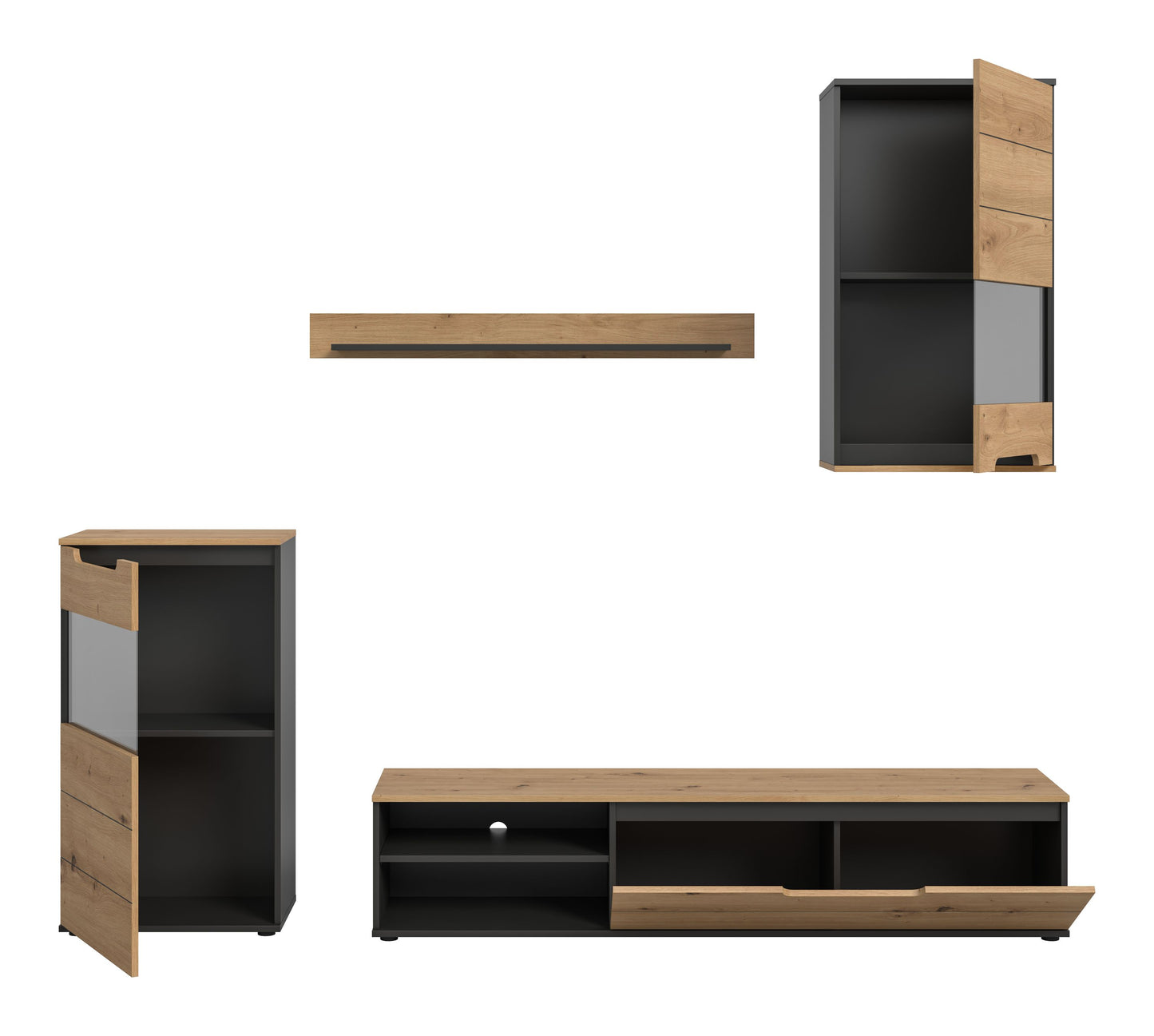 Wohnwand-Set mit TV-Lowboard und Hochschrank, offene Fächer, Fronten Eiche/Graphit
