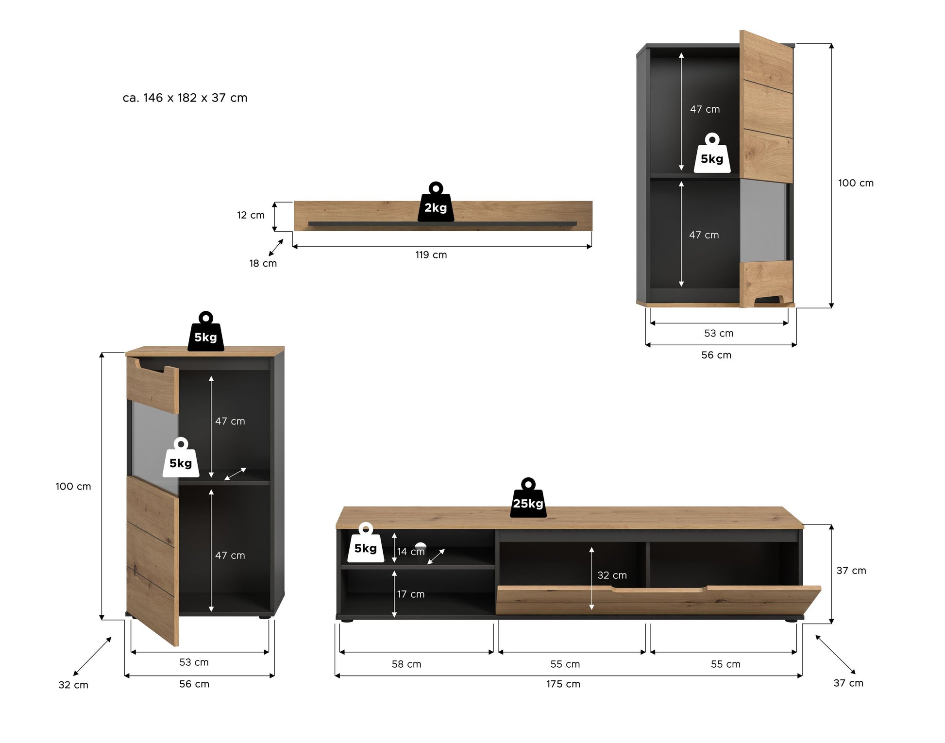 Wohnwand-Set Maßzeichnung: TV-Board, Seitenschrank und Hängeschrank, Eiche/Graphit