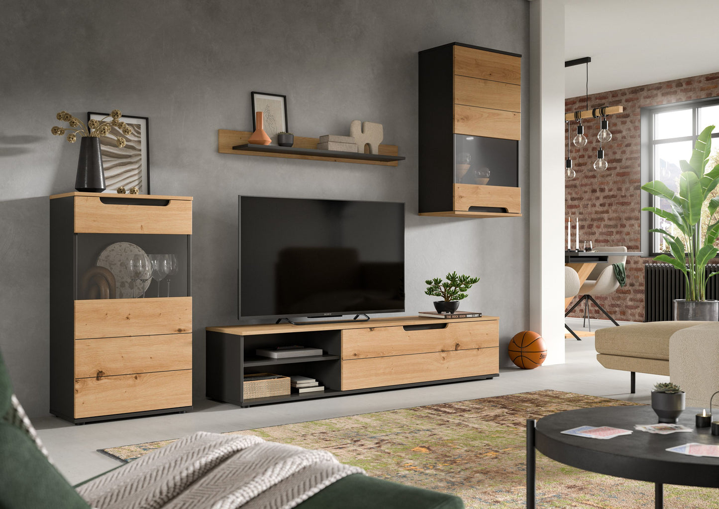 Wohnzimmerschrank-Set mit TV-Lowboard, offener Ablage und Schublade, Eiche/Graphit