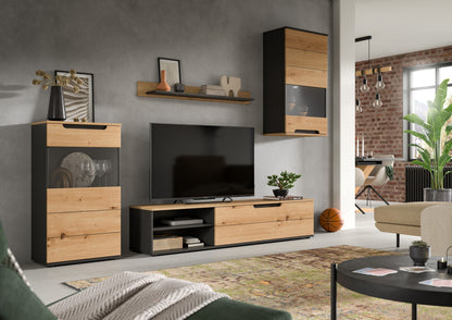 Wohnzimmerschrank-Set mit TV-Lowboard, offener Ablage und Schublade, Eiche/Graphit