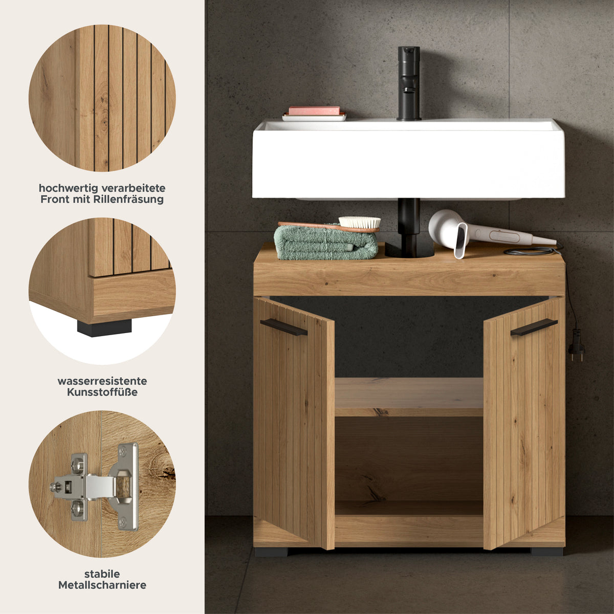 Waschbeckenunterschrank in hellem Holzdekor mit Detailansicht an Front, Griff und Scharnieren