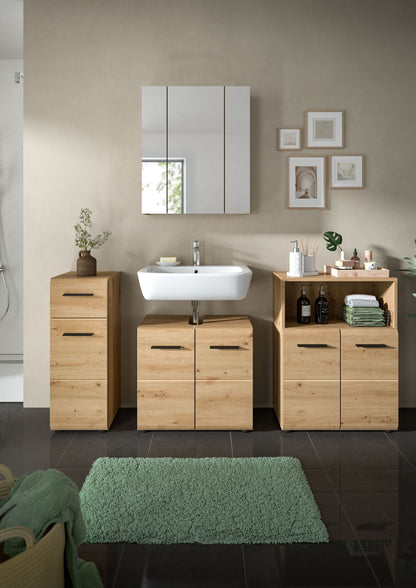 Badmöbel-Set mit Spiegelschrank und Waschtischunterschränken, helle Holzoptik