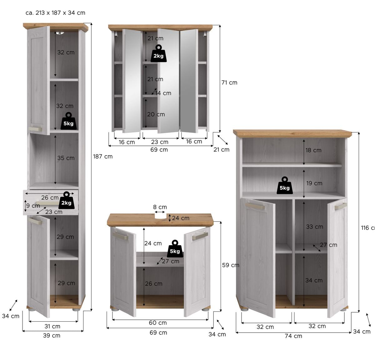 Bathroom set VERONA (W/H/D: approx. 213/187/34 cm) in Sibiu Larch reproduction/Sibiu Larch reproduction