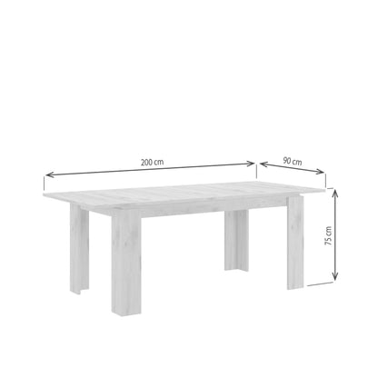 Ausziehbarer Esstisch Weiß mit Maßangaben: 200 cm Länge, 90 cm Breite, 75 cm Höhe