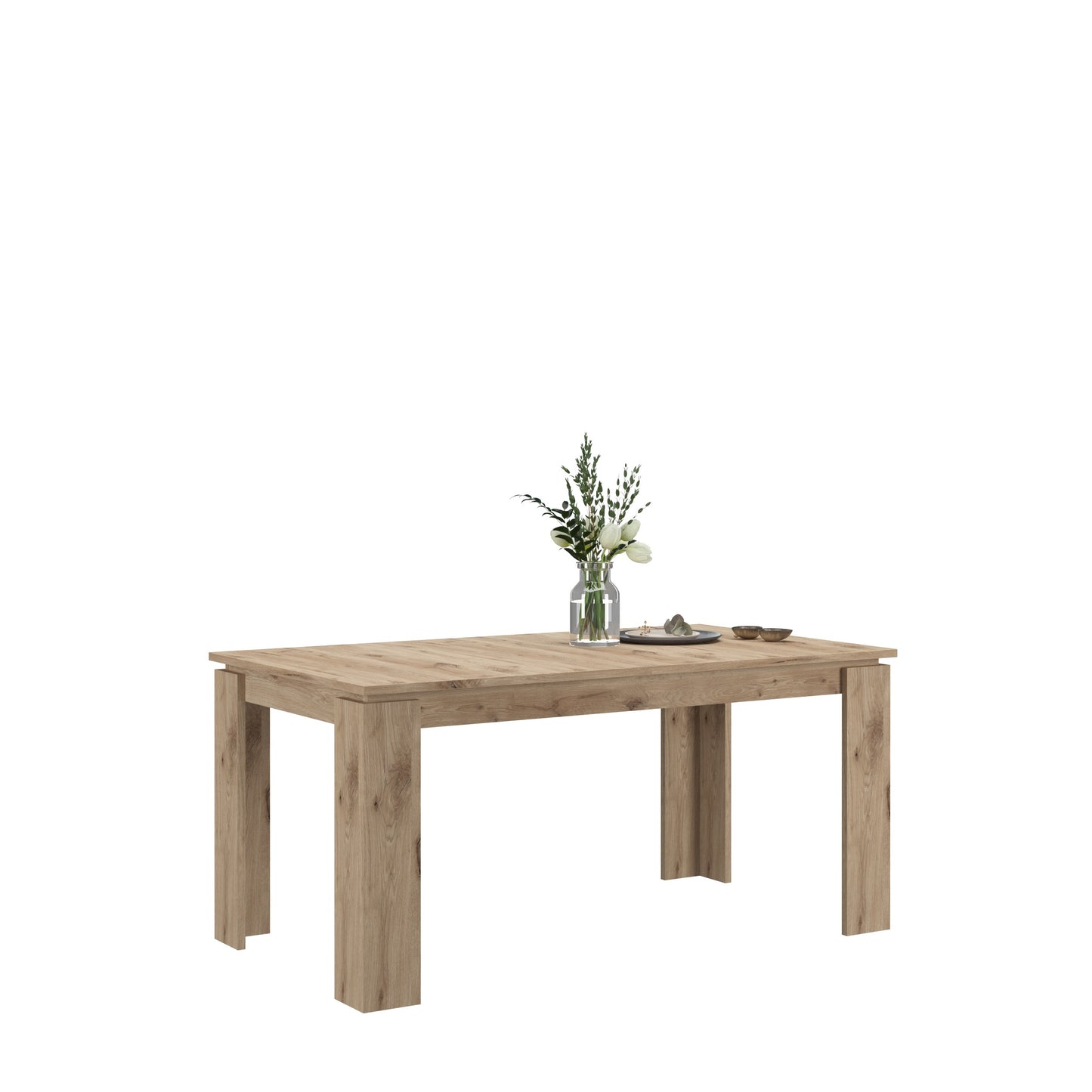 Ausziehbarer Esstisch aus Holz in hellem Eichen-Look mit vier Beinen und glatter Platte