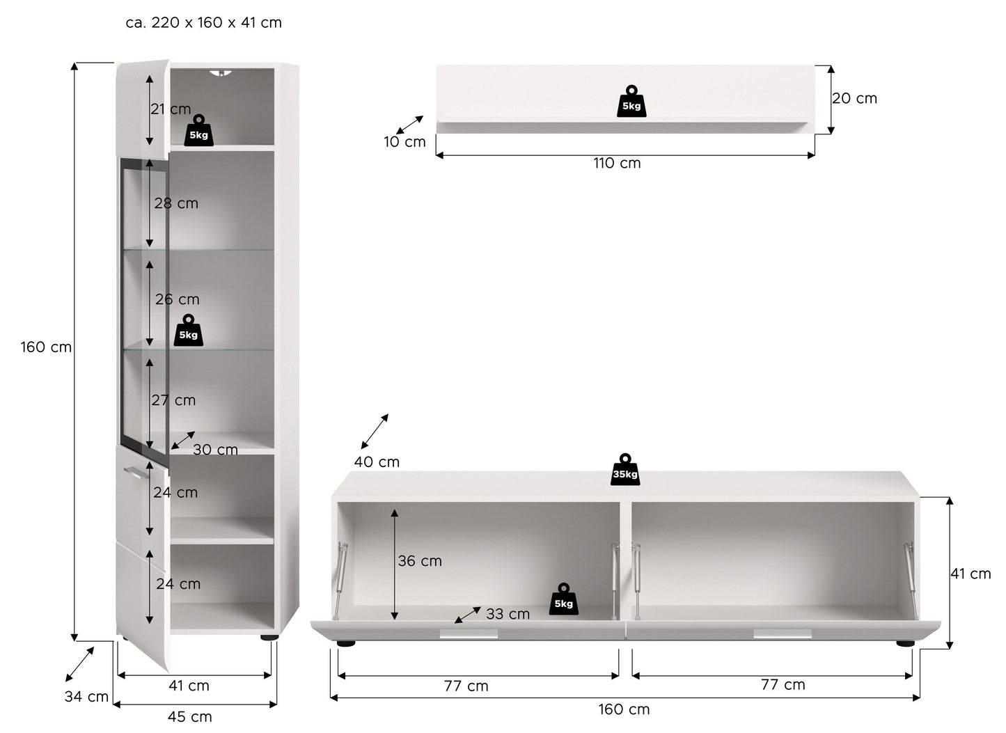 Homes & Jones Wohnwand 3-tlg., TV Möbel Anbauwand, TV bis 70 Zoll geeignet