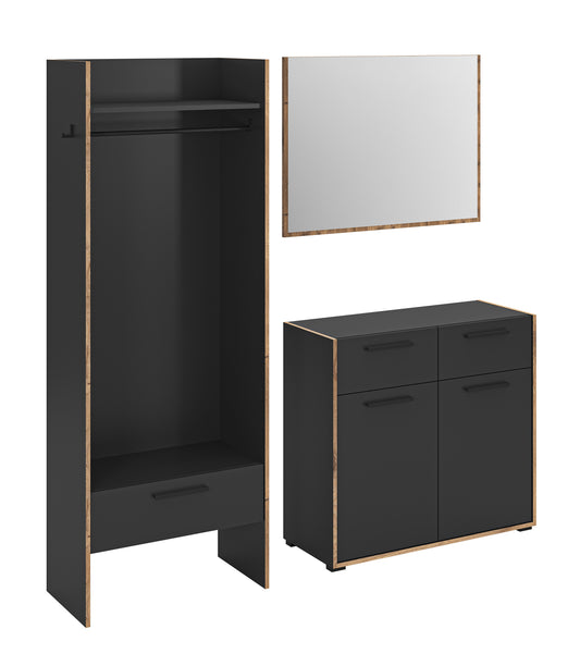 3-teiliges Garderoben-Set: offener Hochschrank, Sideboard mit Türen, Spiegel
