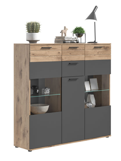 Highboard MASON (L/H/P : env. 140/134/37 cm) en imitation chêne Nox/gris basalte