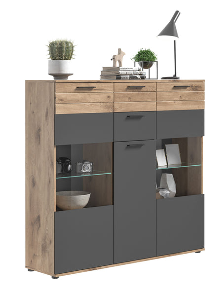 Highboard MASON (L/H/P : env. 140/134/37 cm) en imitation chêne Nox/gris basalte