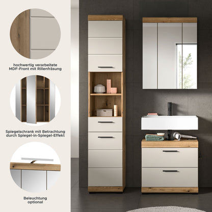 Badmöbel-Set in Weiß und Holzoptik: Hochschrank, Spiegelschrank mit Spiegel-Effekt