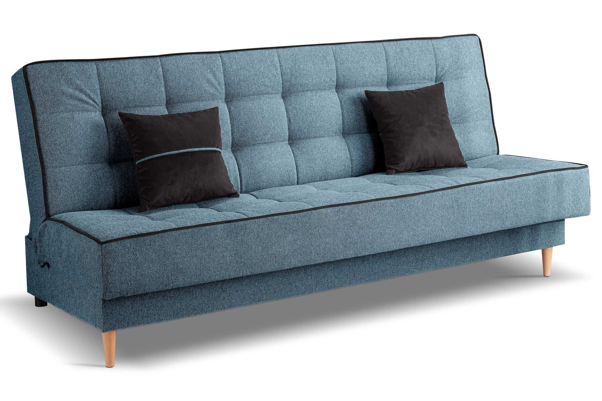 Schlafsofa mit blauem Stoffbezug und Quadersteppung, seitliche Ansicht mit zwei Kissen
