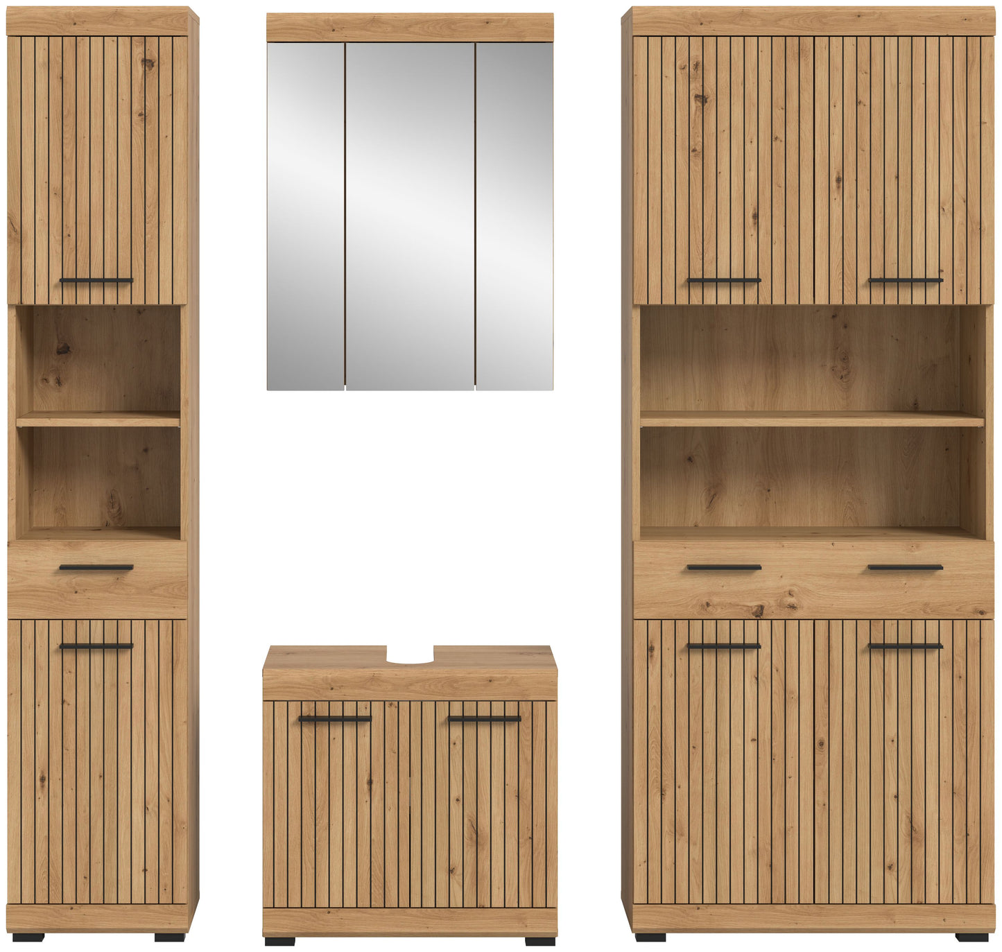 Badezimmerset in Holzoptik: Hochschrank, Spiegelschrank, Waschtischunterschrank, 4-tlg.