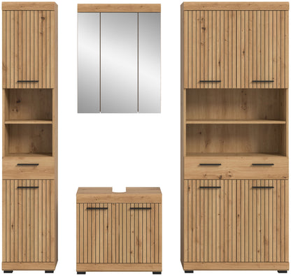 Badezimmerset in Holzoptik: Hochschrank, Spiegelschrank, Waschtischunterschrank, 4-tlg.
