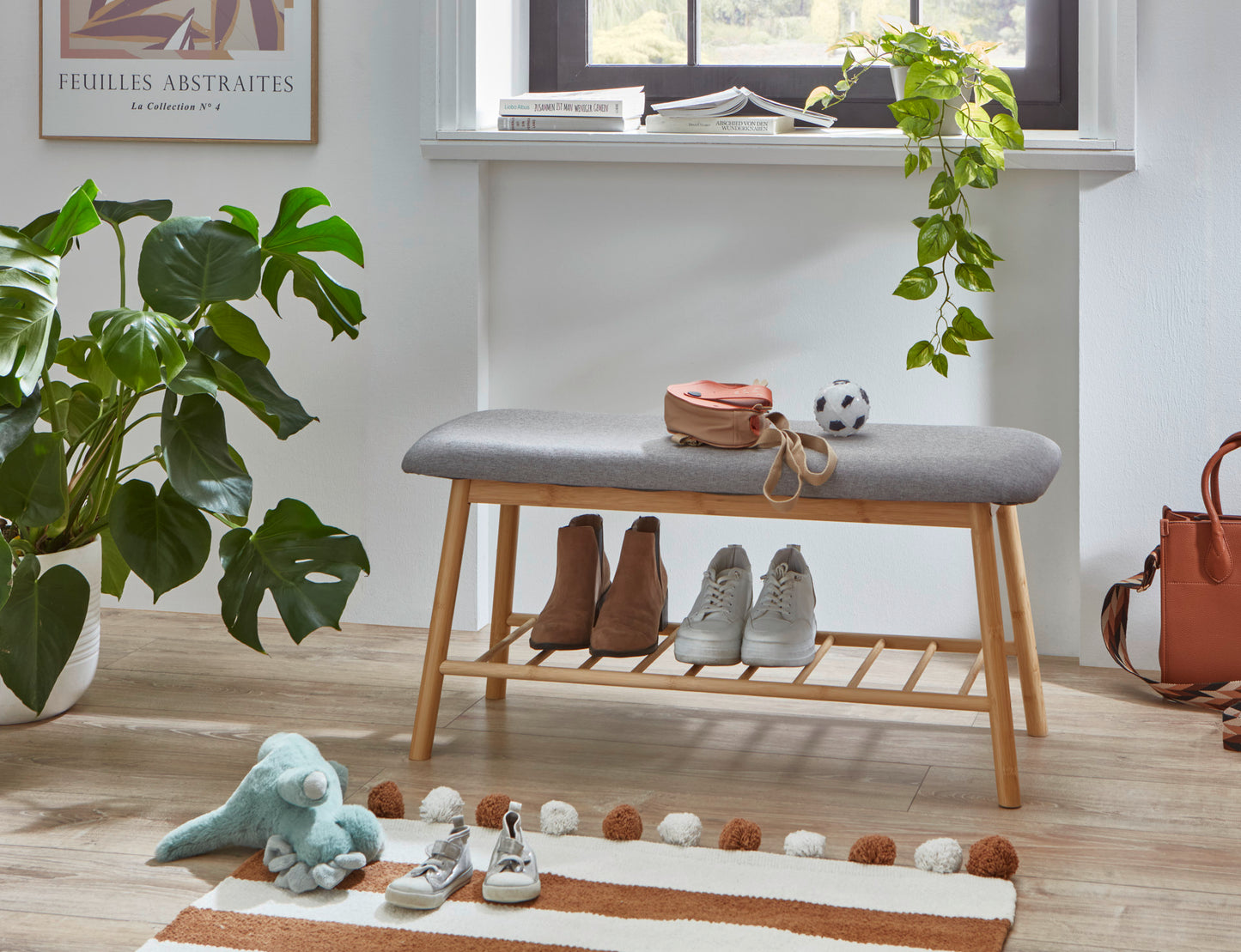 Shoe Bench Skandi with Solid Wood Frame & Grey Upholstered Seat