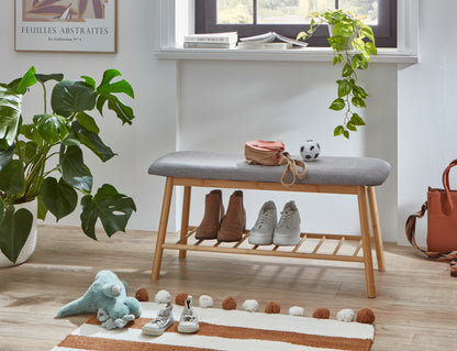 Shoe Bench Skandi with Solid Wood Frame & Grey Upholstered Seat