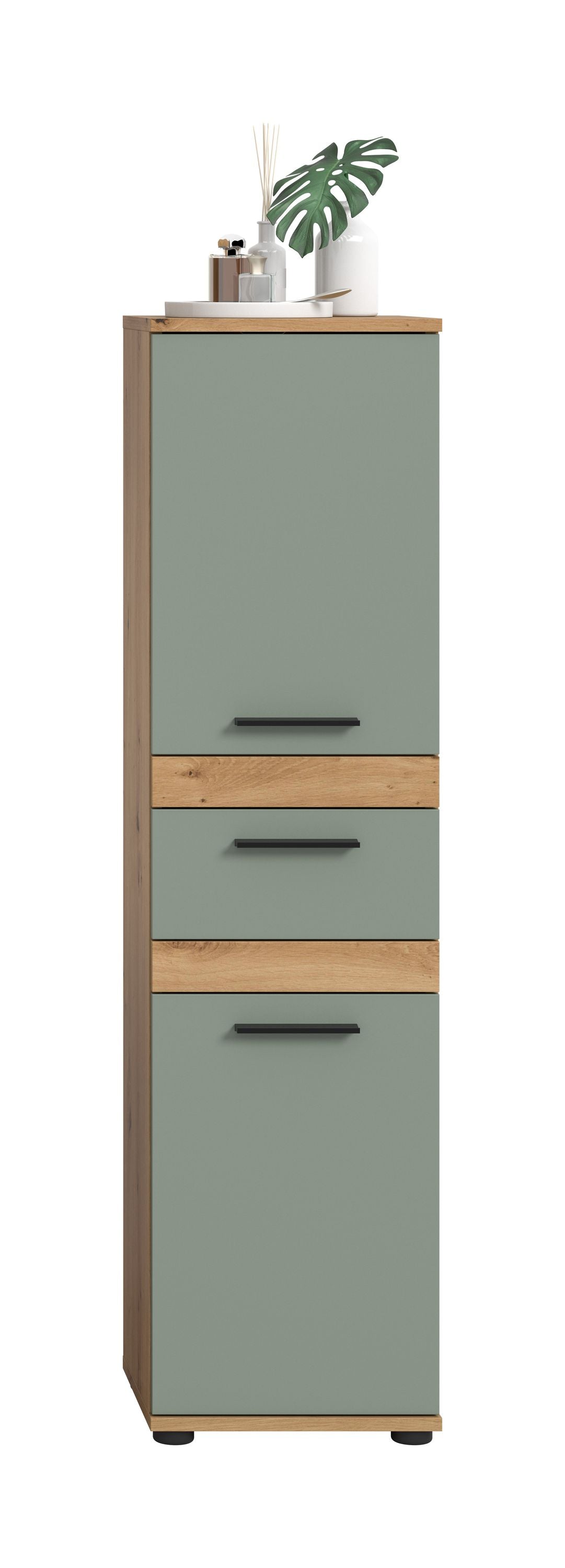 Badhochschrank mit 3 Schubladen und Fronten in hellmatt, Holzseiten, schwarze Griffleisten