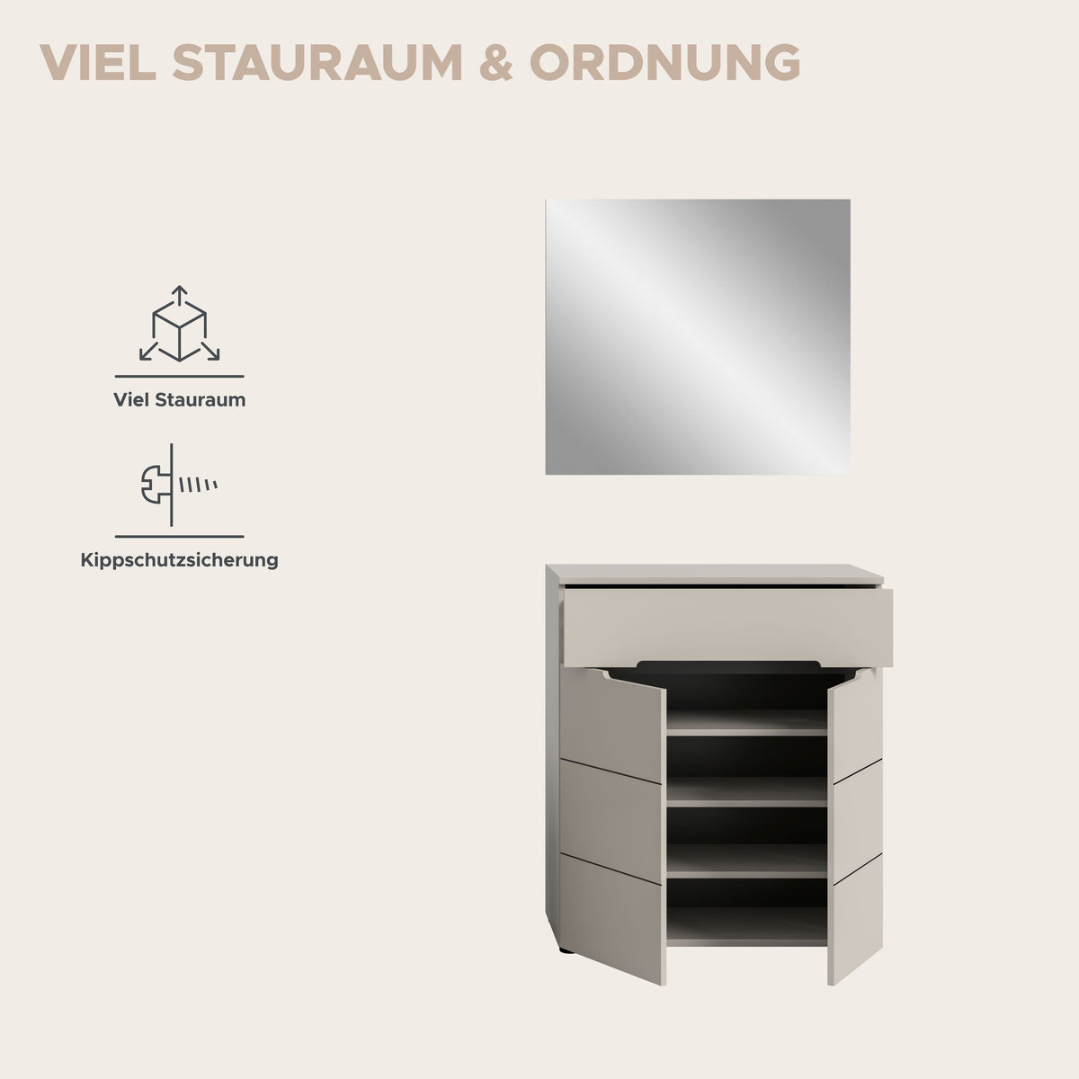 Garderoben-Set mit Frontklappe und offener Ablage, Korpus basalt grau, Arbeitsplatte Holzdekor