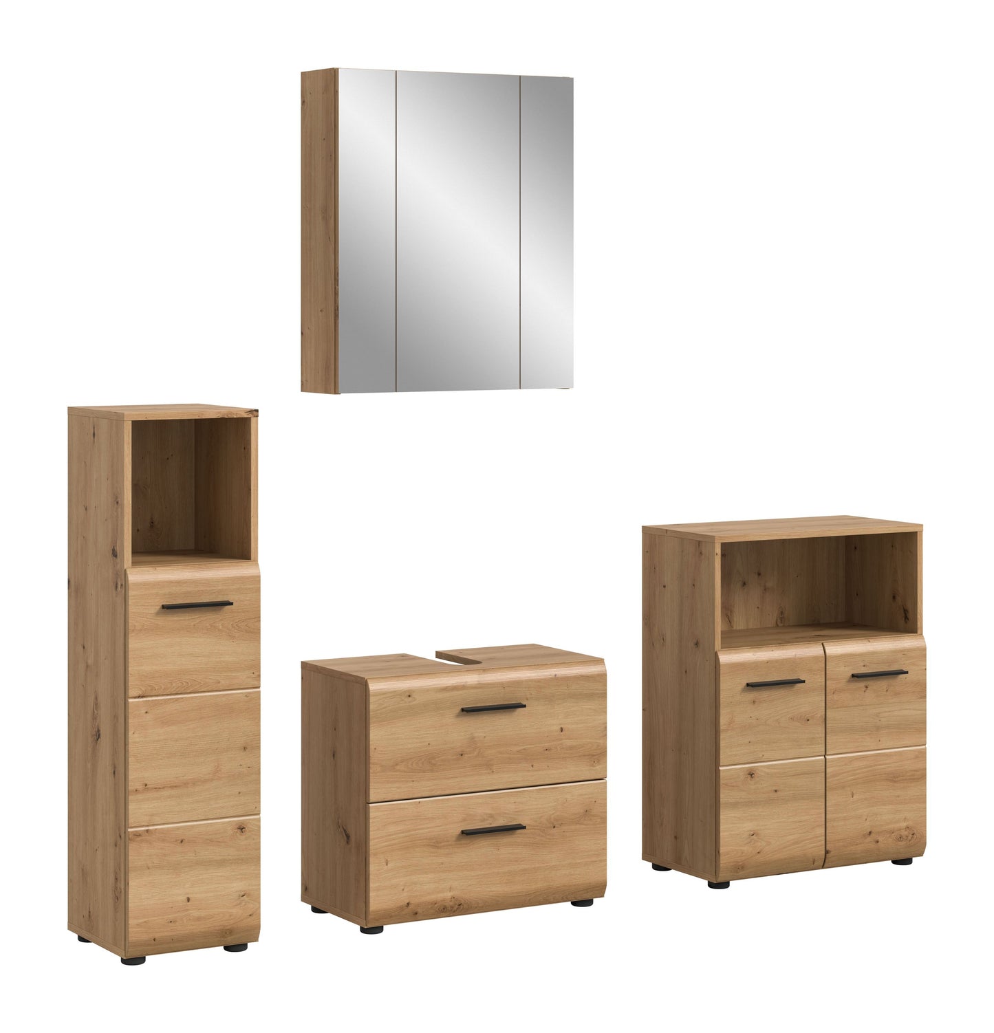 Badmöbel-Set 4-teilig mit Spiegelschrank und Schränken in Holzoptik hellbraun
