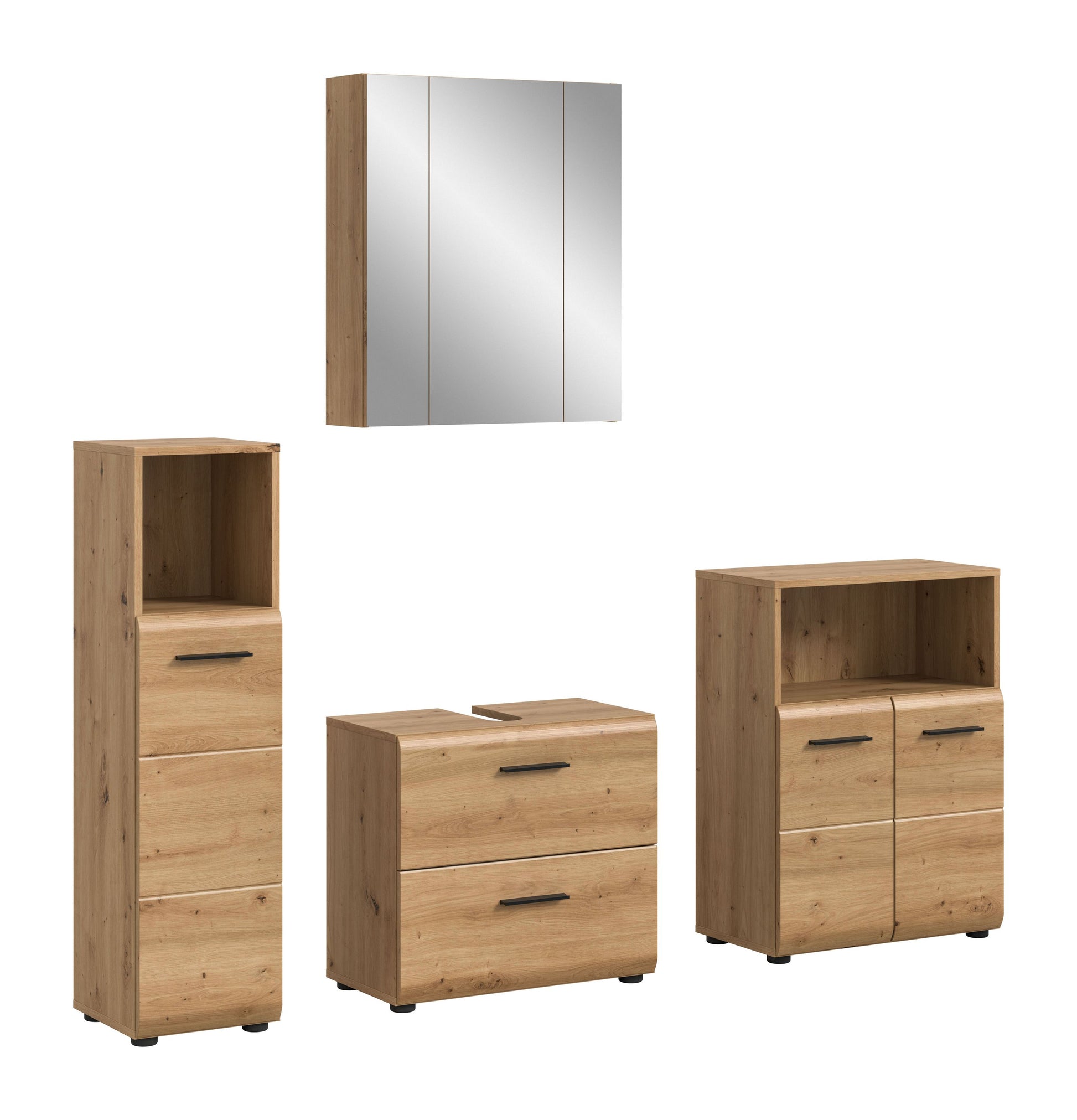 Badmöbel-Set 4-teilig mit Spiegelschrank und Schränken in Holzoptik hellbraun