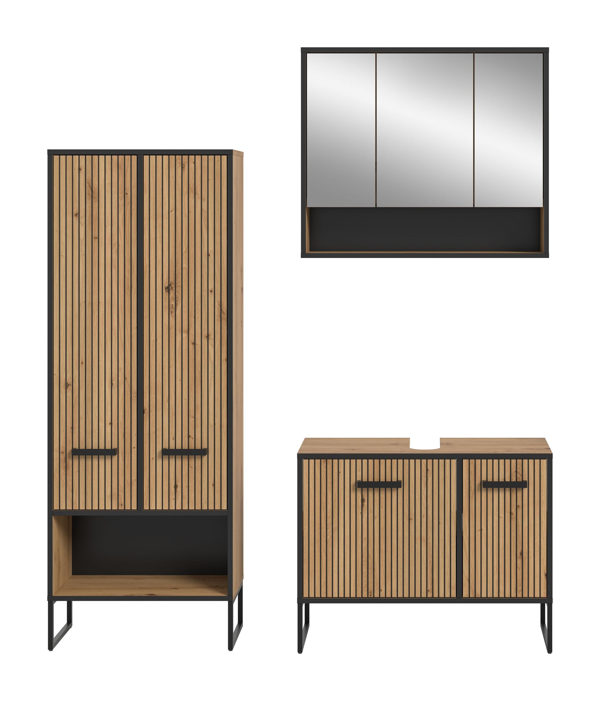 Badmöbel-Set mit Badspiegelschrank und Waschtischunterschrank, Holzoptik mit Lamellenfronten