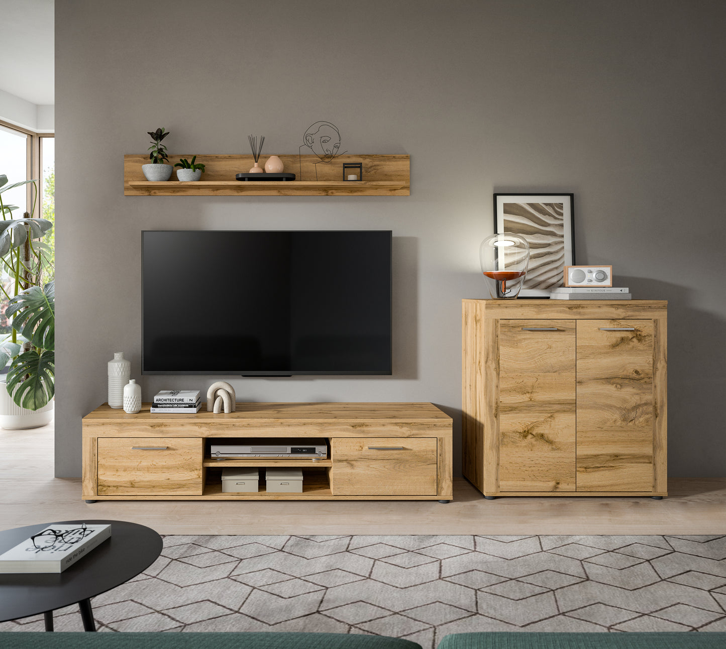 Meuble TV JAM (L/H/P : env. 255/159/40 cm) en imitation chêne Wotan/gris