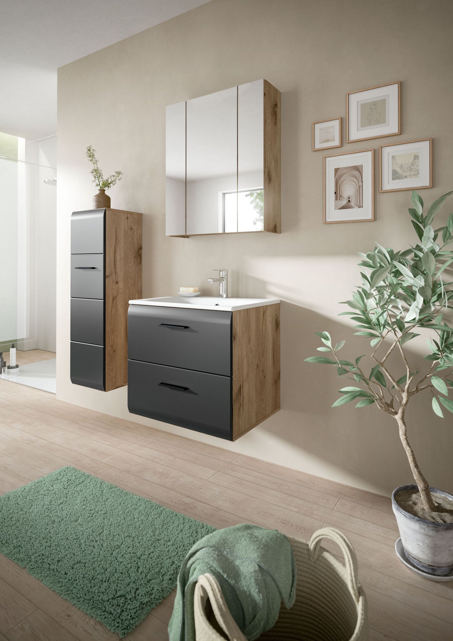 Badezimmermöbel-Set 3-tlg. mit Waschtischunterschrank, Hochschrank und Spiegelschrank
