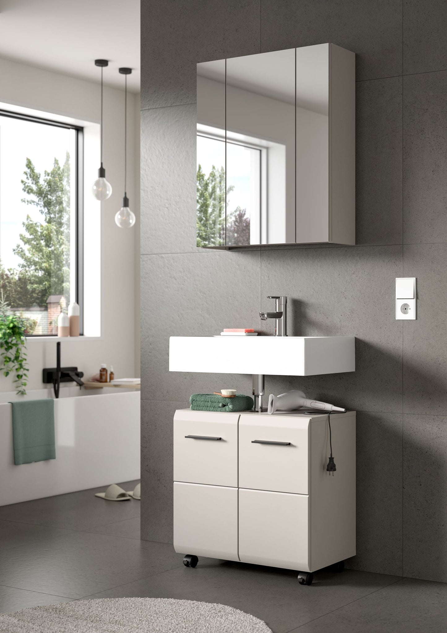 Homes & Jones Badmöbelset 2-tlg., Schrank 60 cm rollbar, Badspiegelschrank 3-trg