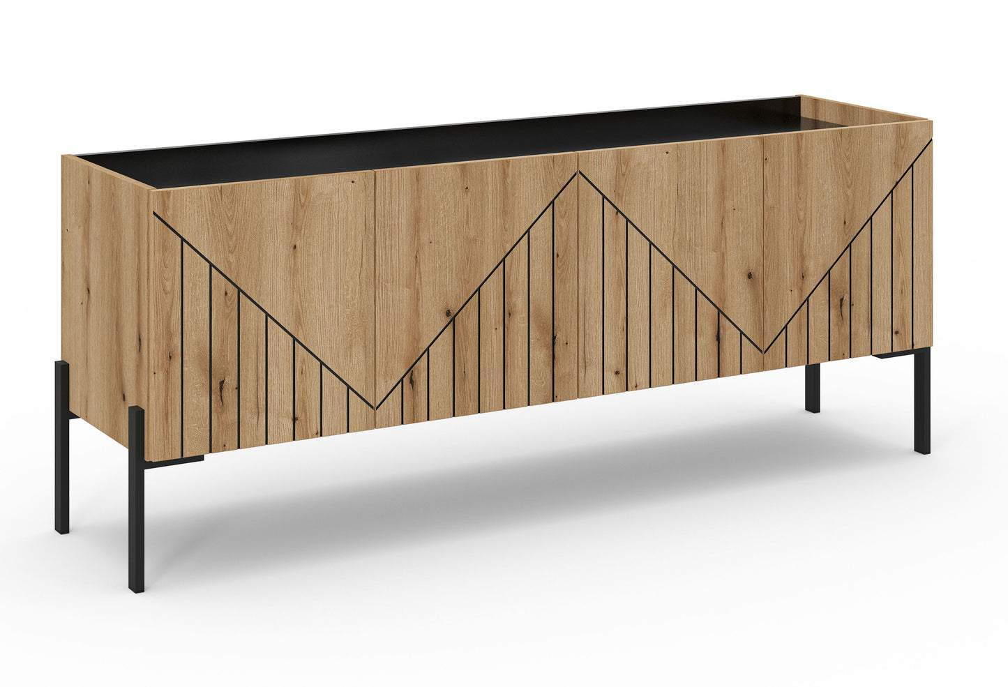 Lowboard aus hellem Holz mit schwarzer Arbeitsplatte, Frontmuster und schwarzen Füßen