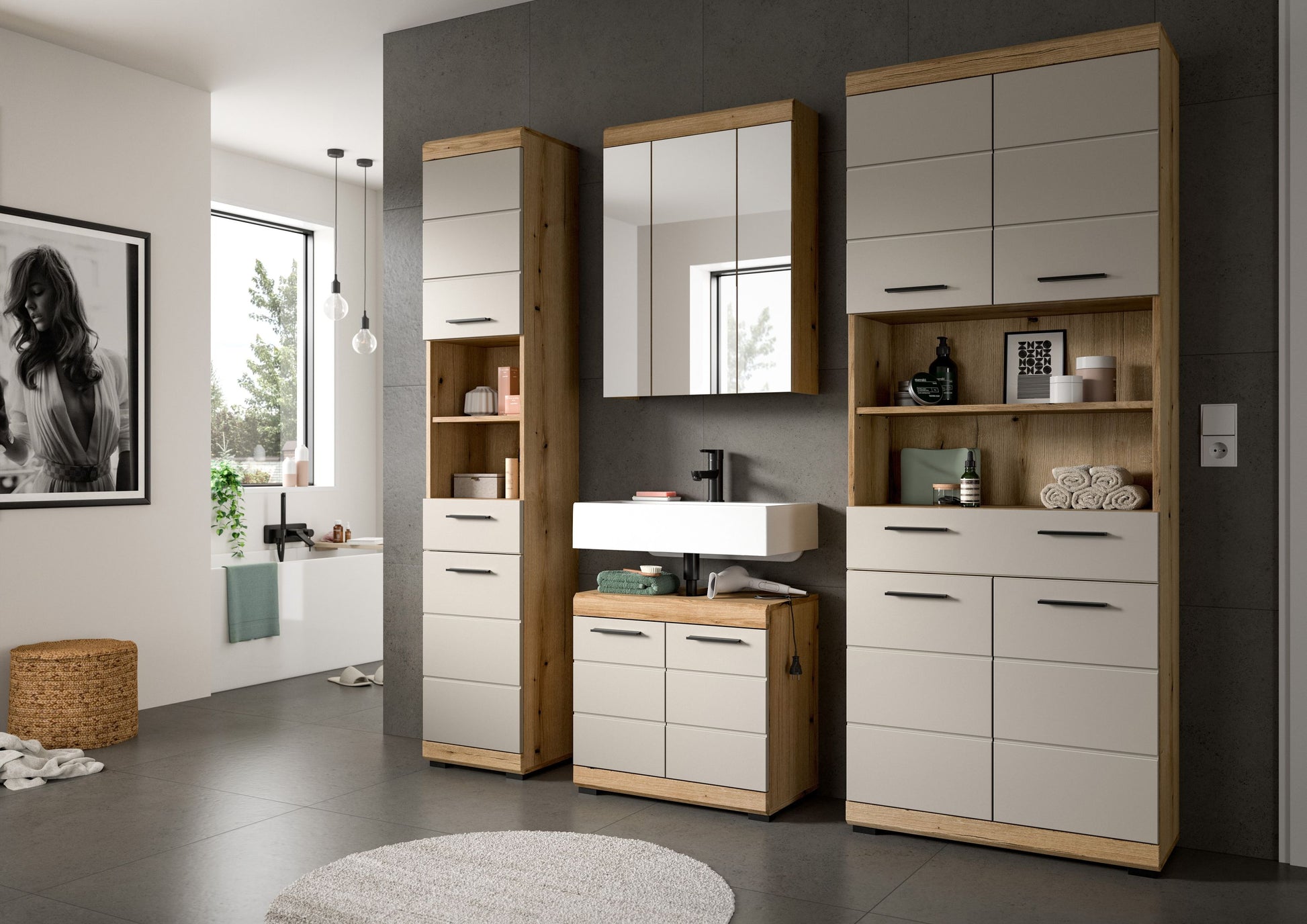 Badezimmerset (2-teilig) mit Spiegelschrank und Waschtisch, Holz- und Weißtöne