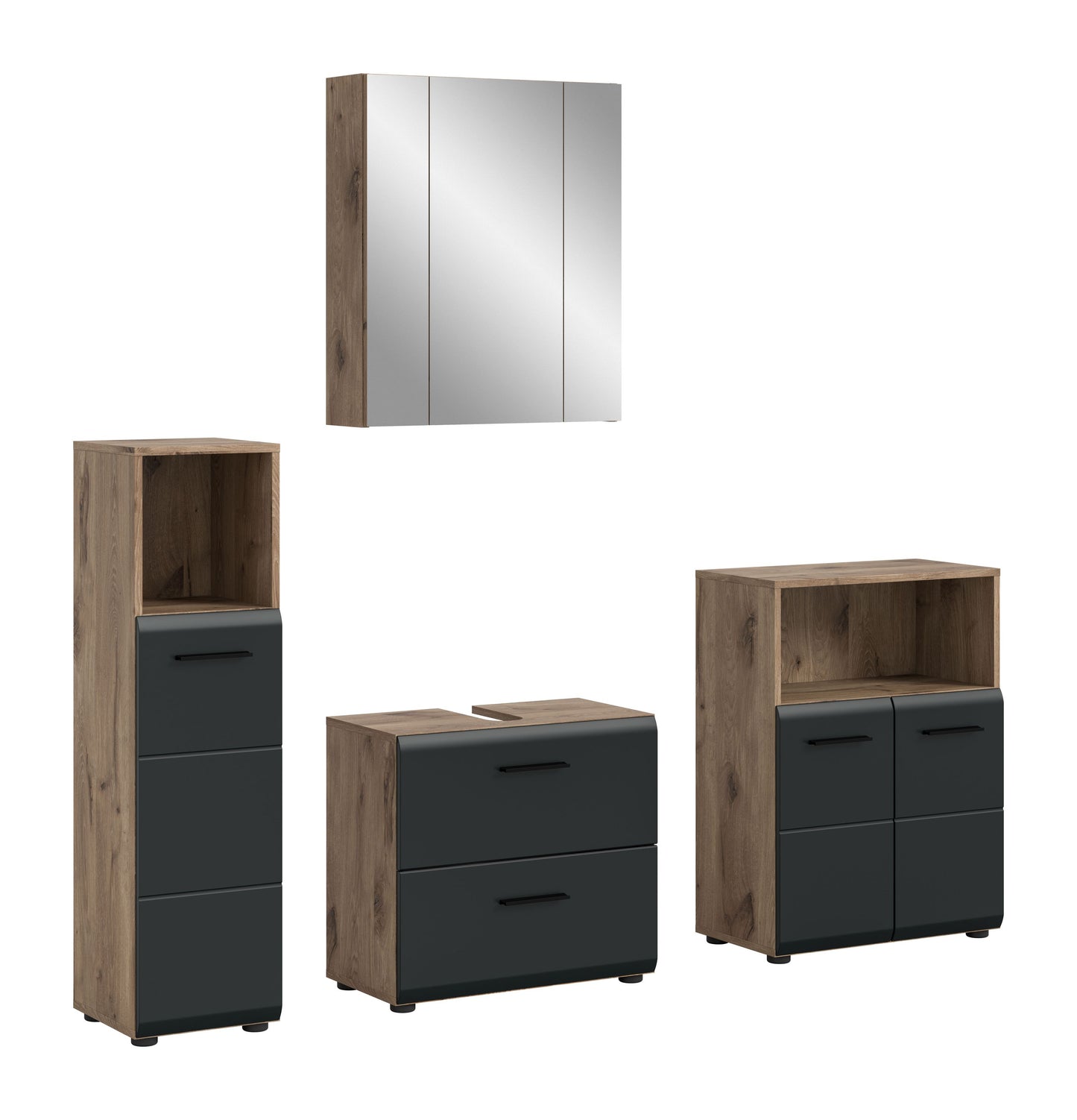 Badmöbel-Set 4-teilig mit Spiegelschrank, Hochschrank und Sideboard in Holzoptik und Grau