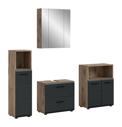 Badmöbel-Set 4-teilig mit Spiegelschrank, Hochschrank und Sideboard in Holzoptik und Grau