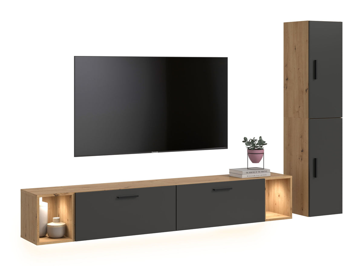 TV-Lowboard mit geradem Frontpaneel, braunem Korpus, zwei Schubfächern und Beleuchtung