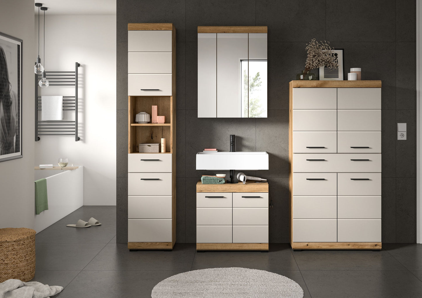 Homes & Jones Badezimmerset: Hochschrank, Spiegel und Waschtisch mit Stauraum und Schubladen