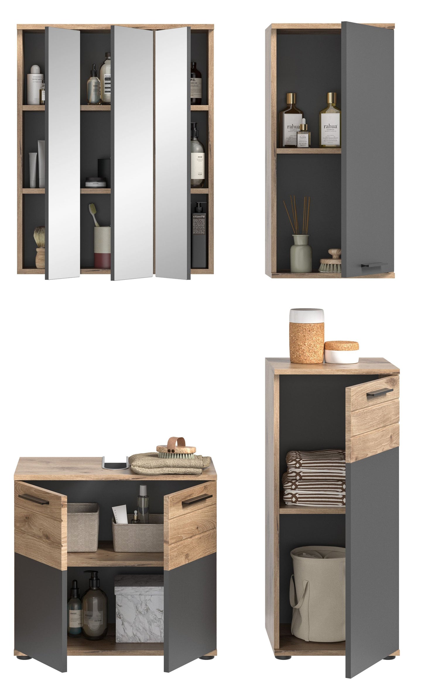 Badmöbel-Set mit offenen Fächern: Spiegelschrank, Hochschrank und Unterschrank