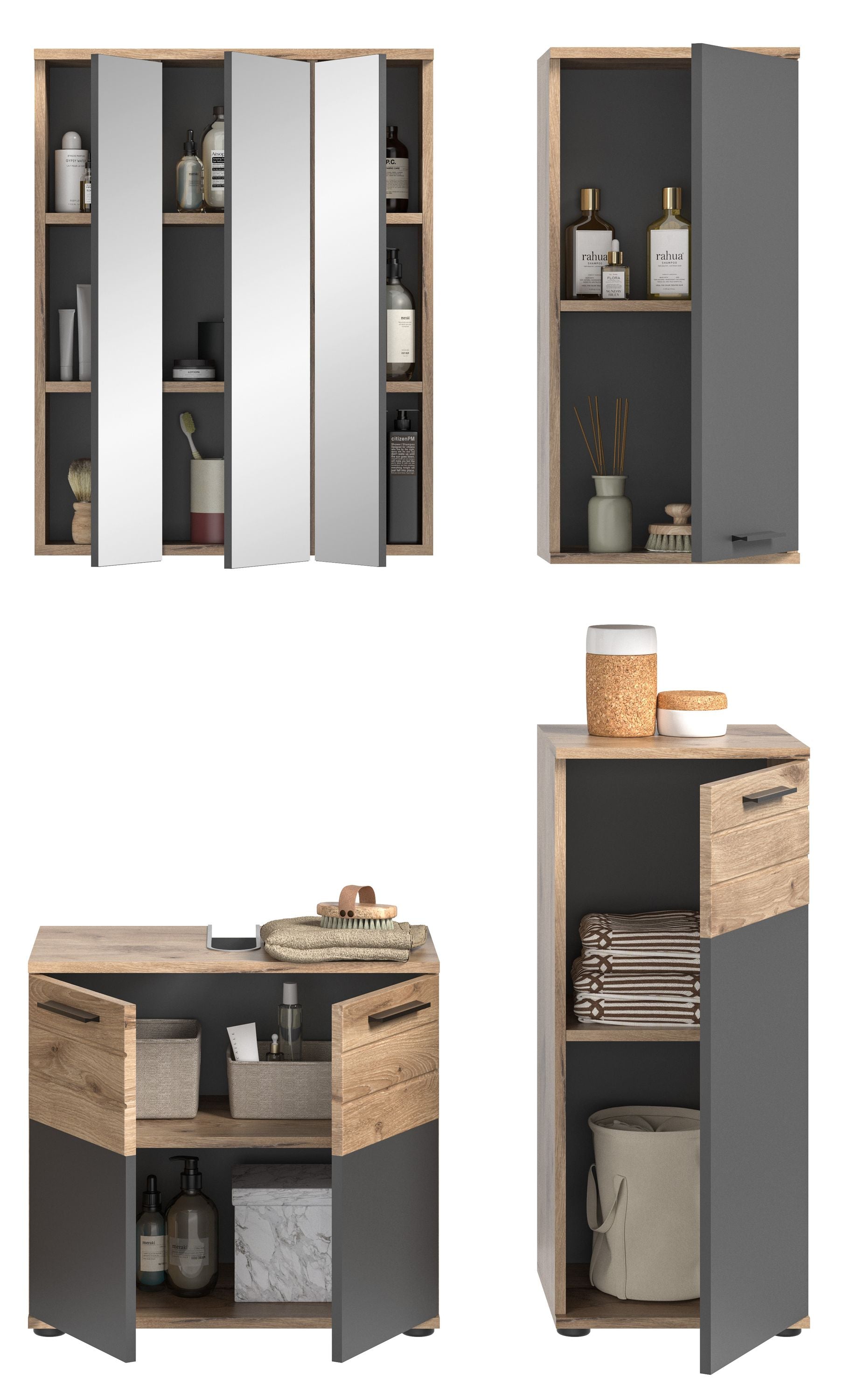 Badmöbel-Set mit offenen Fächern: Spiegelschrank, Hochschrank und Unterschrank