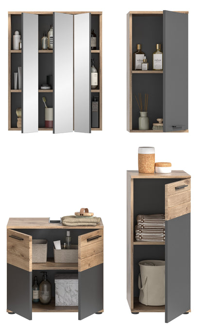 Badmöbel-Set mit offenen Fächern: Spiegelschrank, Hochschrank und Unterschrank