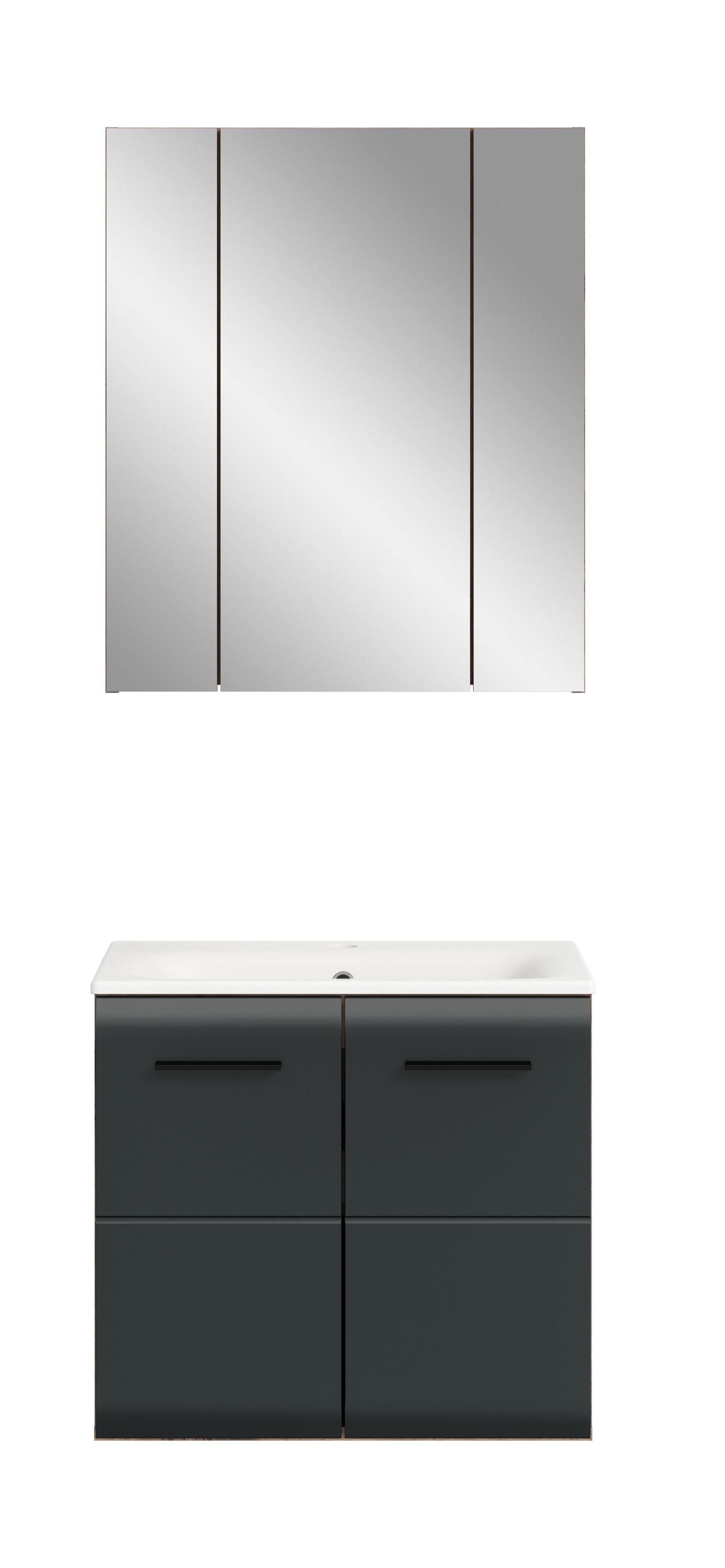 Badmöbel-Set mit dreitürigem Spiegelschrank und Waschtischunterschrank in Dunkelgrau