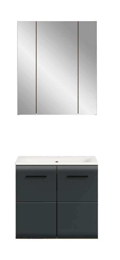 Badmöbel-Set mit dreitürigem Spiegelschrank und Waschtischunterschrank in Dunkelgrau