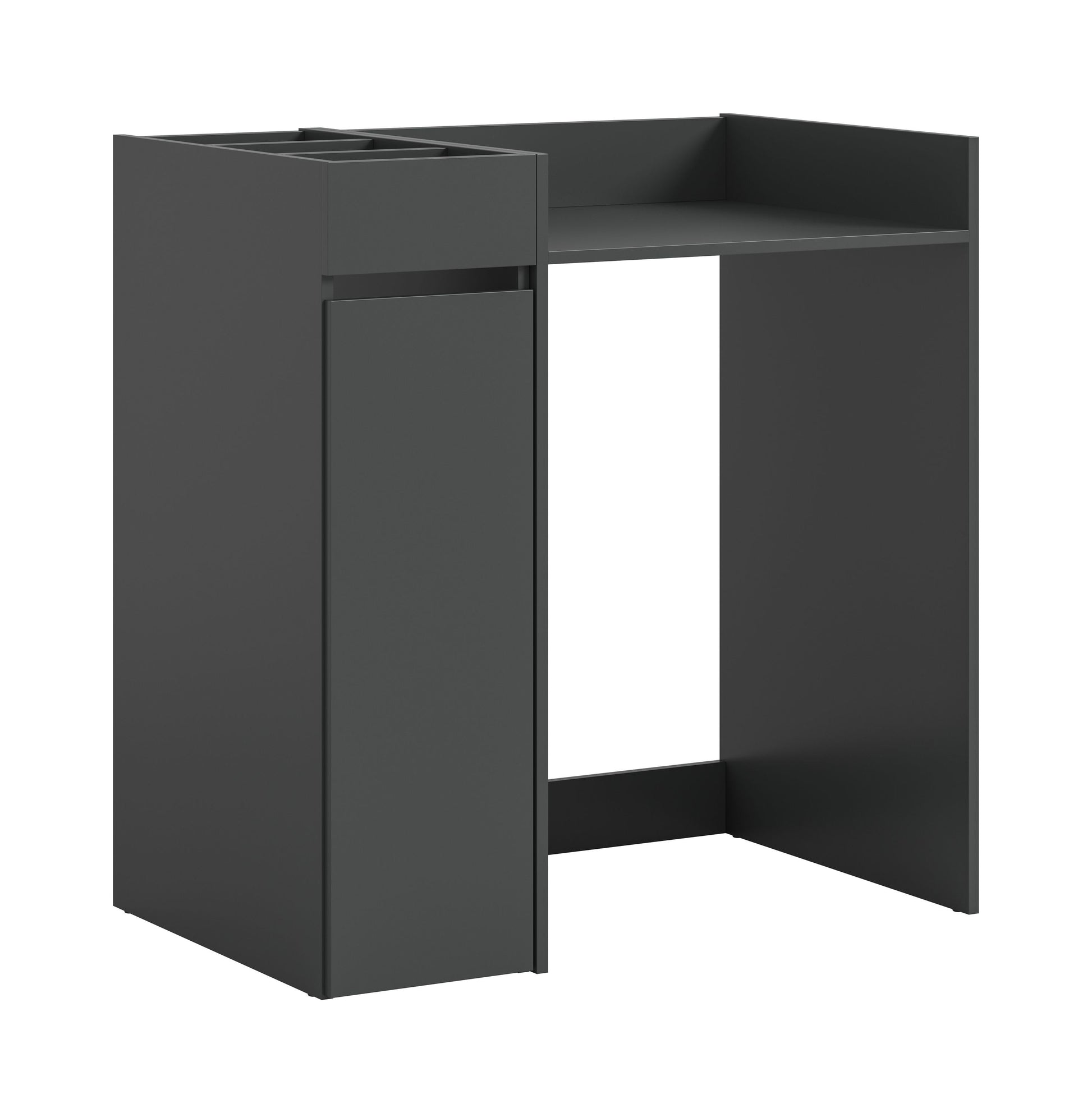 Waschmaschinenschrank in dunklem Grau mit Überbauregal, offener Front und Stauraum