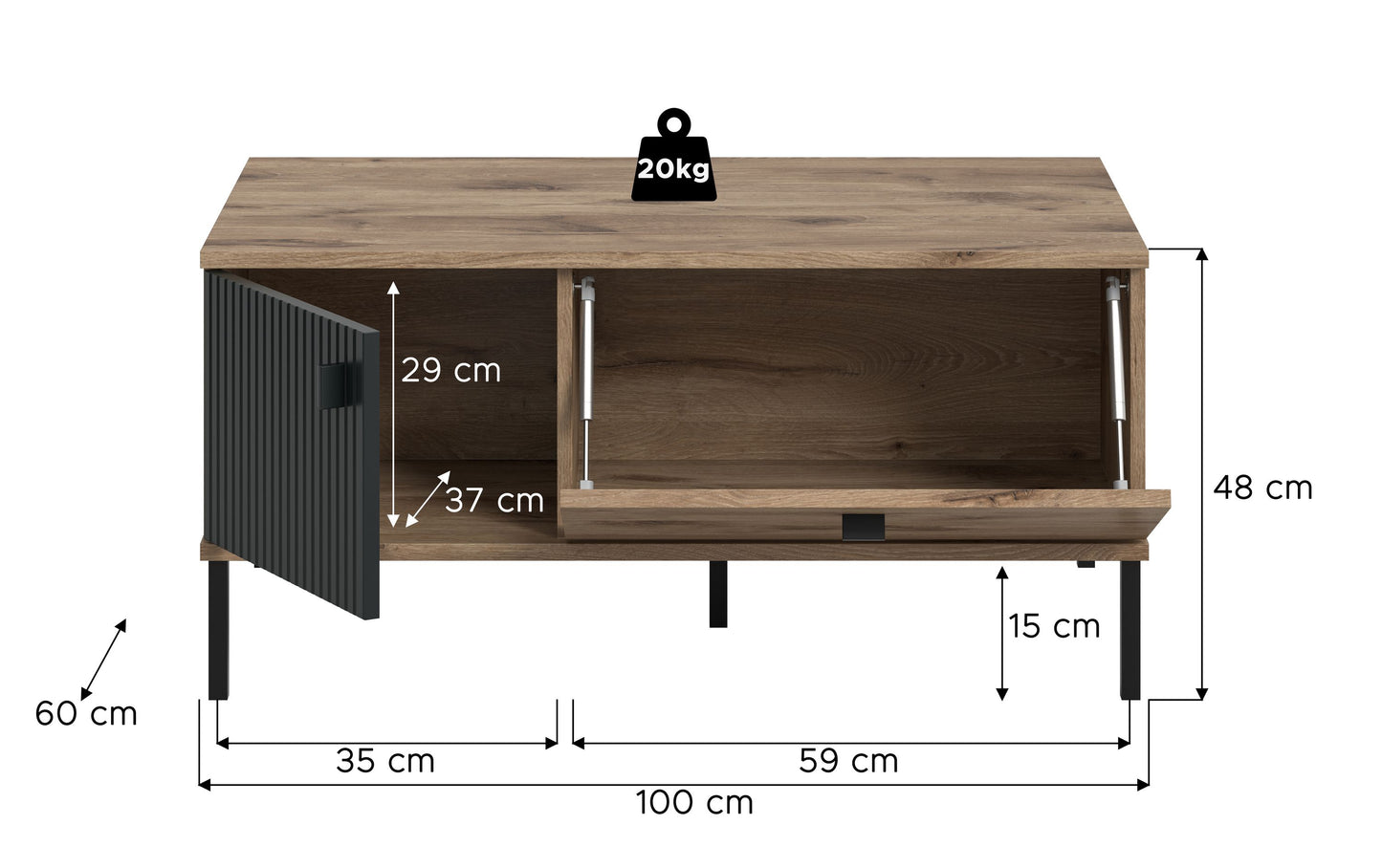 Table basse CHESS (L/H/P : env. 100/48/60 cm) en imitation chêne Nox/noir