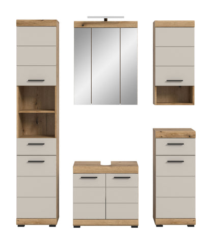 Badezimmerset mit Hochschrank, Spiegelschrank und Unterschrank, helle Eiche/weiß