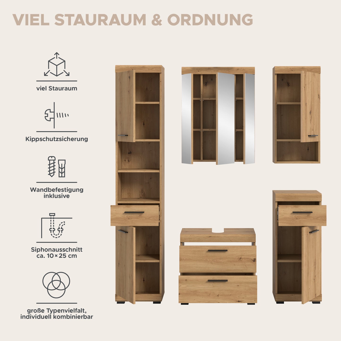 Badezimmerschrank-Set für viel Stauraum mit Kippschutz und Wandbefestigung am Schrank