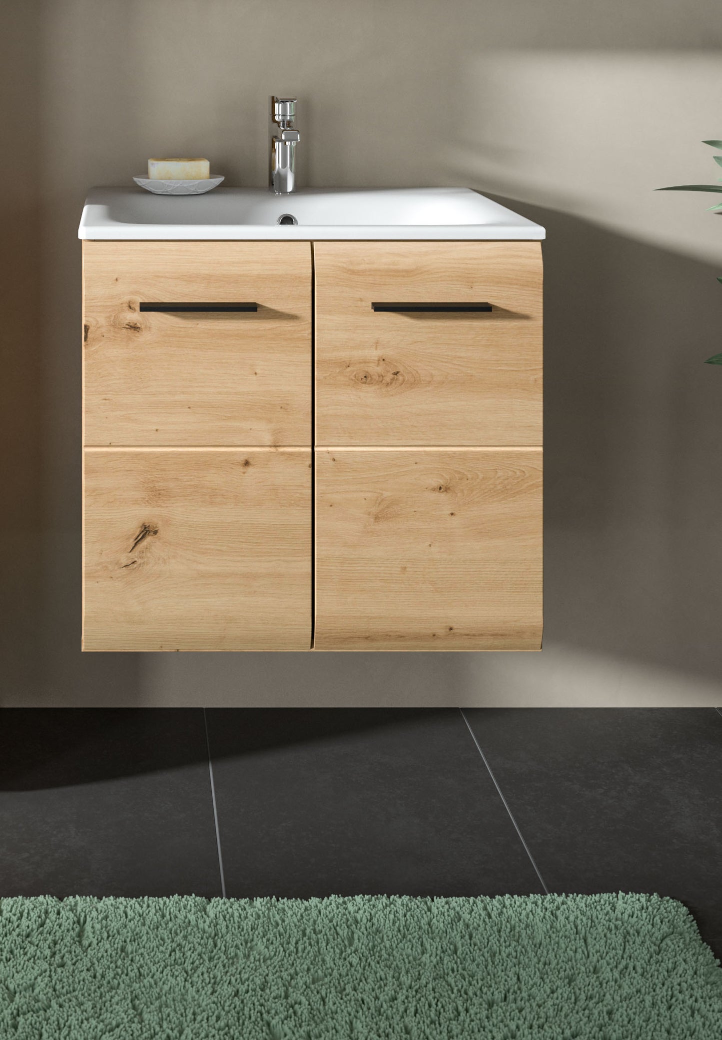 Meuble sous-vasque avec lavabo ICE (L/H/P : env. 60/55/46 cm) imitation chêne Nox/noir mat